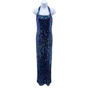 Adrianna‎ Papell Evening Blue Iridescent Sequin Halter Maxi Dress Open Back 10